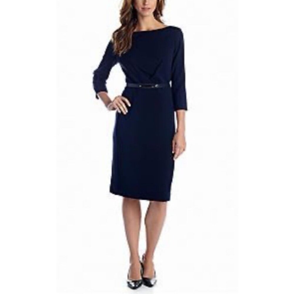 Jones NY Dress 12 Navy Blue 3/4 Long Sleeve Stretch Ponte Career Cocktail